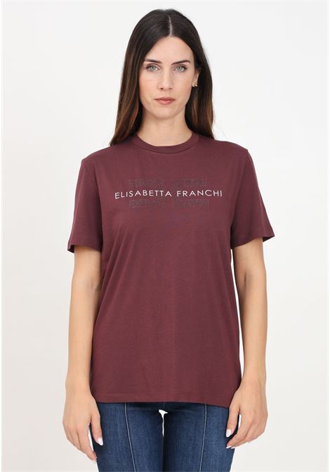 Burgundy short-sleeved T-shirt for women with logo and rhinestone print ELISABETTA FRANCHI | MA00346E2CG3
